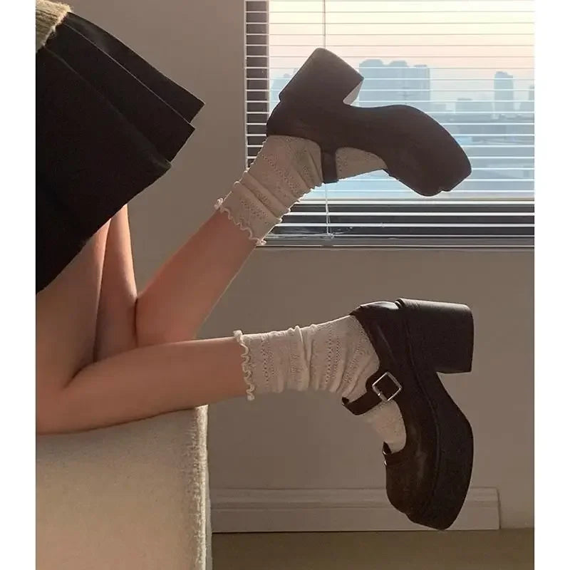 2024 Women’s Mary Jane Platform Shoes – Vintage Brown with Ankle Strap & Chunky Z-Bottom Sole